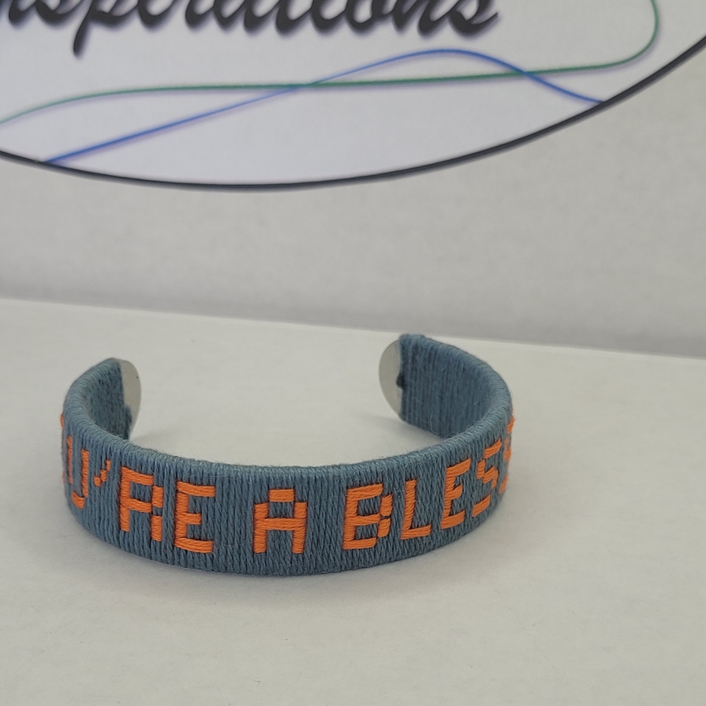 Handmade Denim & Orange Embroidered Bracelet – “You’re a Blessing” Faith Gift